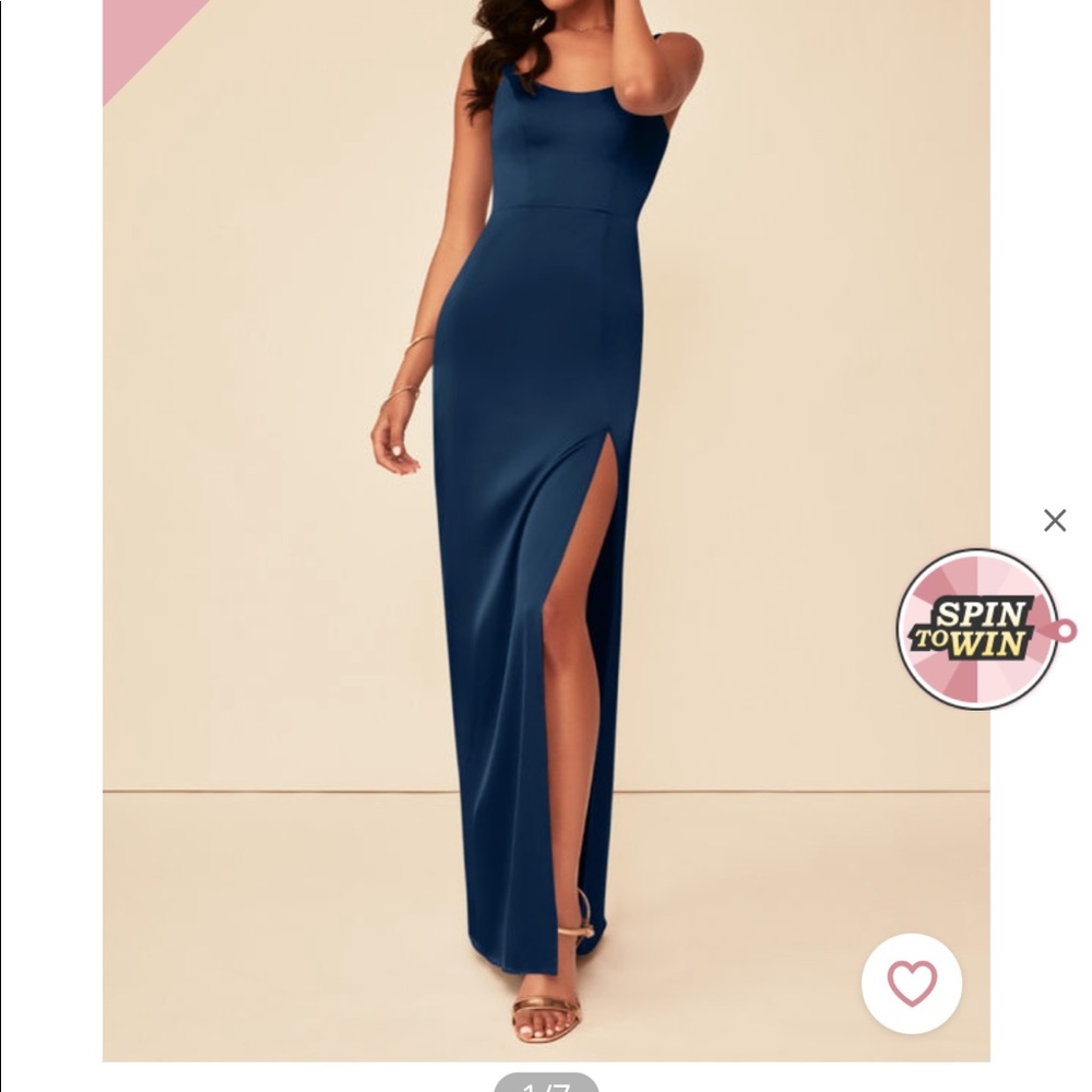 BRAND NEW DARK NAVY SATIN DRESS WITH SLIT